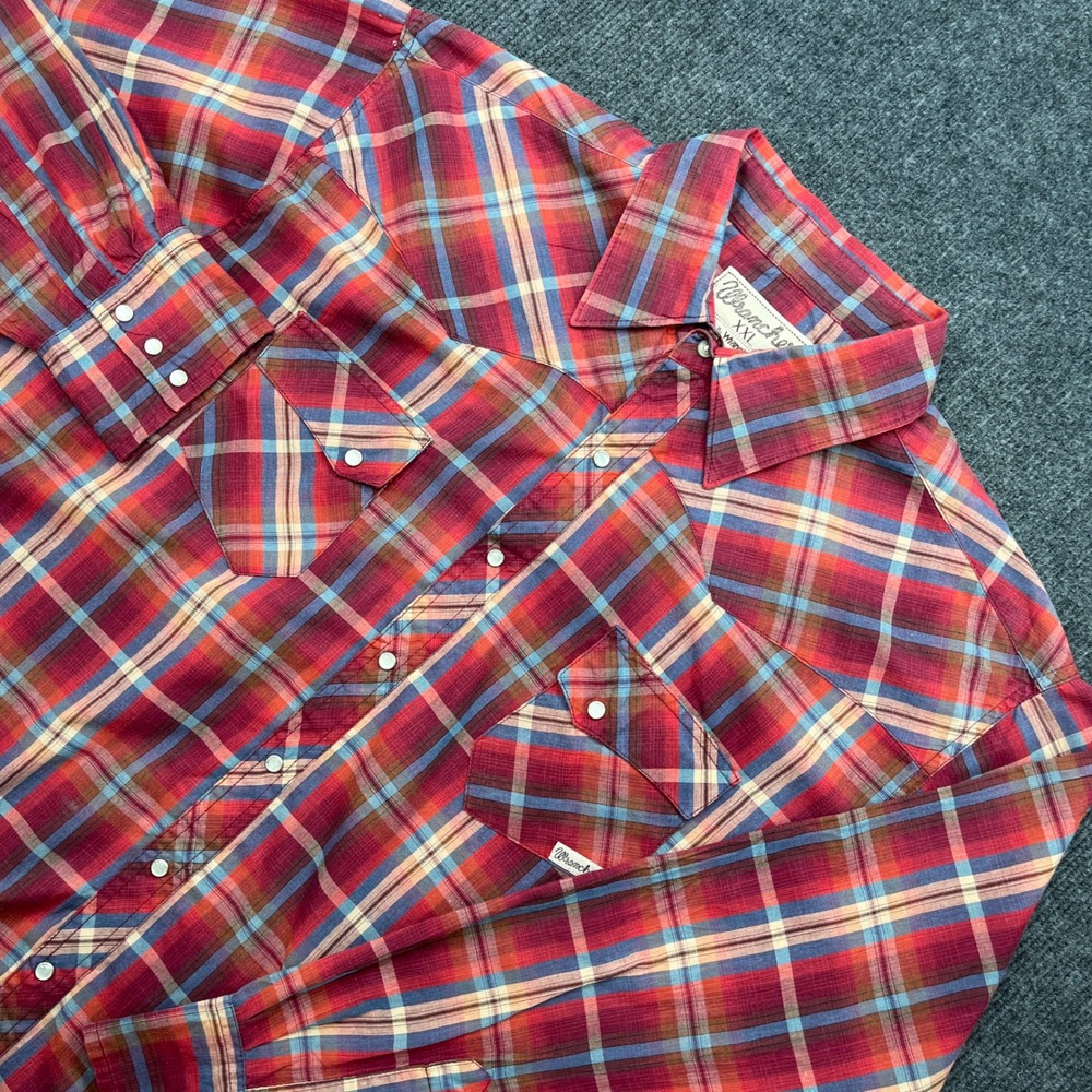 Wrangler Wrancher Pearl Snap Shirt XXL Red Blue Plaid Western Vintage Style
